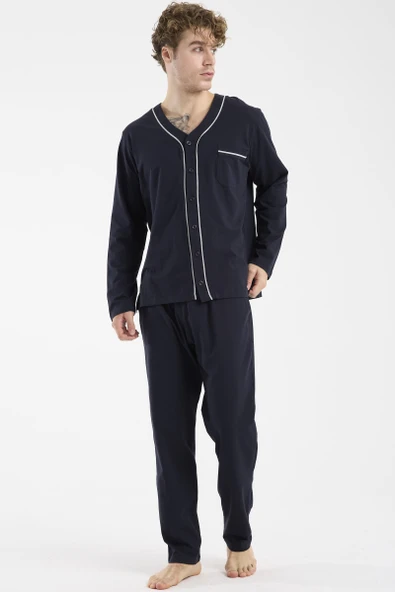 V Yaka Düğmeli Pijama Takım - Lacivert - Resim 2