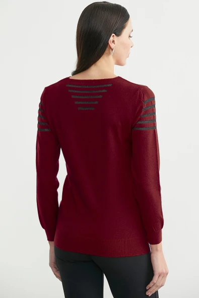 Sırt Detaylı V Yaka Triko Kazak - Bordo - Resim 4