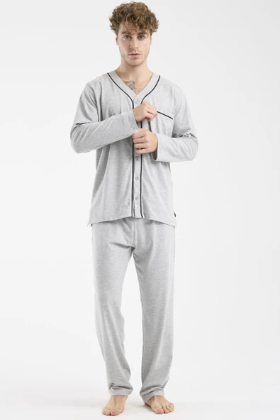 V Yaka Düğmeli Pijama Takım - Gri - Resim 2