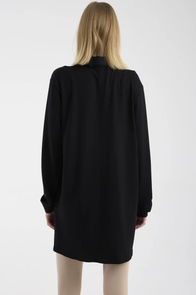 Gömlek Yaka Garnili Çıtçıtlı Tunik - Siyah - Resim 6