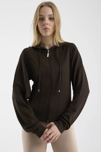 Yumuşak Dokulu Crop Sweatshirt - Kahve ürün görseli 1