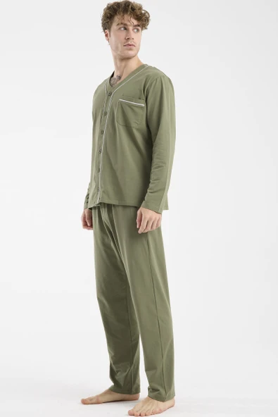 V Yaka Düğmeli Pijama Takım - Haki - Resim 3