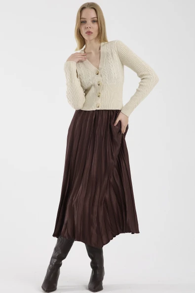 Düğmeli Pirinç Motifli Triko Hırka - Taş - Resim 2