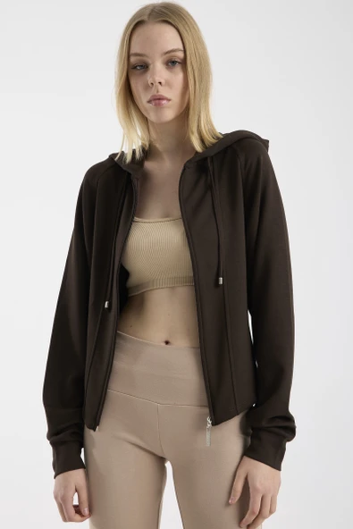 Yumuşak Dokulu Crop Sweatshirt - Kahve - Resim 3