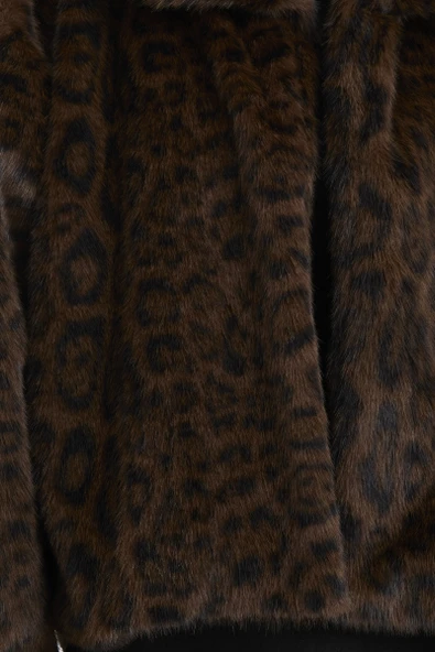 Leopar Desenli Kısa Suni Kürk Kaban - Kahve - Resim 5