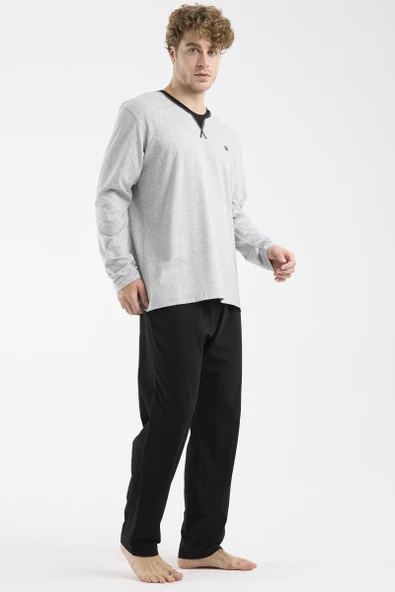 Bisiklet Yaka Uzun Kol Pijama Takım - Gri - Resim 2