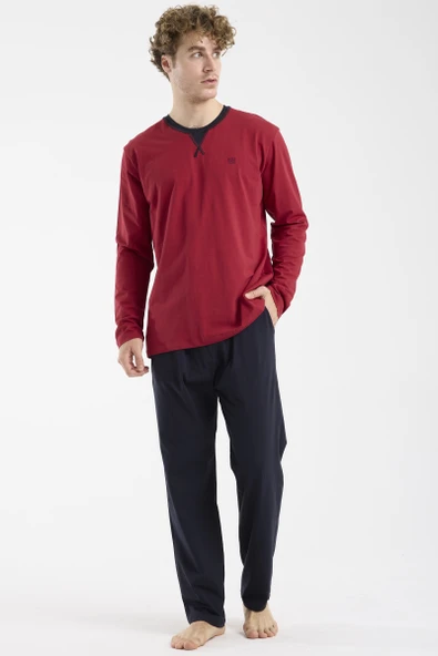 Bisiklet Yaka Uzun Kol Pijama Takım - Bordo - Resim 2