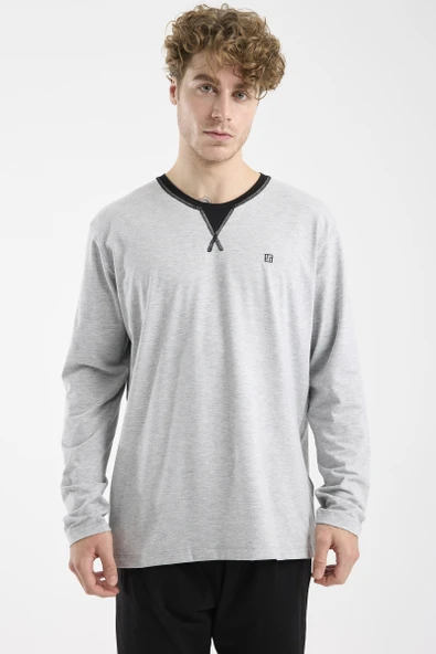 Bisiklet Yaka Uzun Kol Pijama Takım - Gri ürün görseli 1