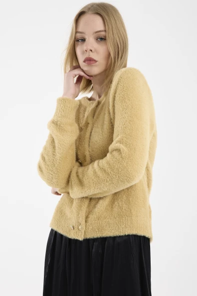 Metal Düğme Detaylı Sakallı Triko Hırka - Bej - Resim 4