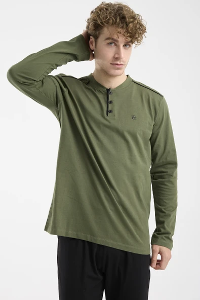 Düğme Yakalı Rahat Kalıp Pijama Takım - Haki - Resim 4