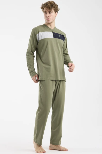 Blok Detaylı Regular Fit Pijama Takım - Haki - Resim 2