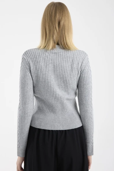 Düğmeli Pirinç Motifli Triko Hırka - Gri - Resim 5