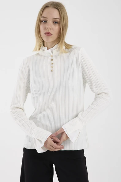 Parça Detaylı Fitilli Triko Kazak - Kemik - Resim 3