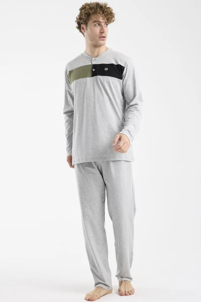 Blok Detaylı Regular Fit Pijama Takım - Gri - Resim 2