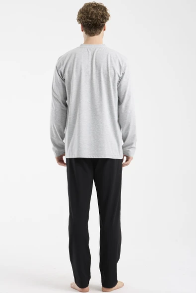 Düğme Yakalı Rahat Kalıp Pijama Takım - Gri - Resim 5