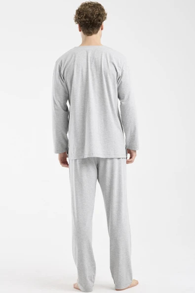 V Yaka Düğmeli Pijama Takım - Gri - Resim 6