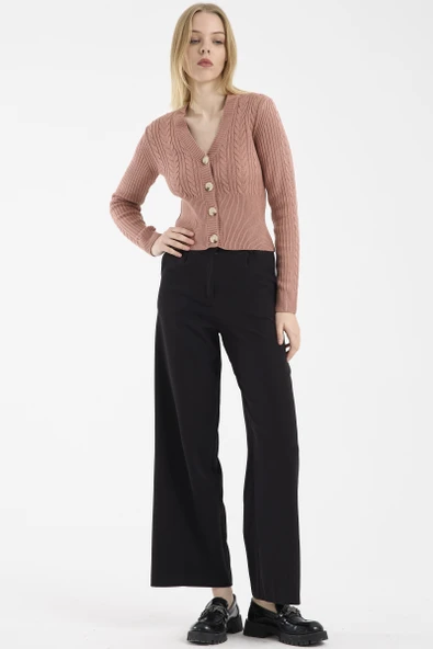 Düğmeli Pirinç Motifli Triko Hırka - Gül - Resim 2