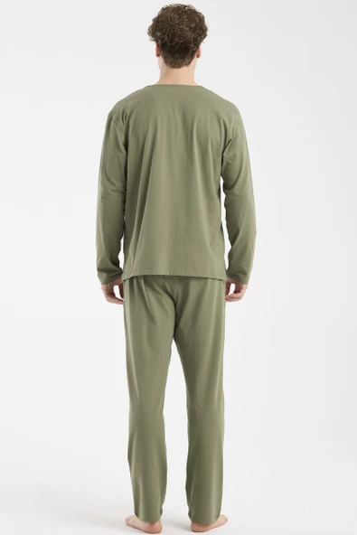 V Yaka Düğmeli Pijama Takım - Haki - Resim 6