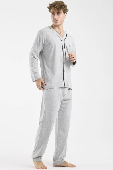 V Yaka Düğmeli Pijama Takım - Gri - Resim 3