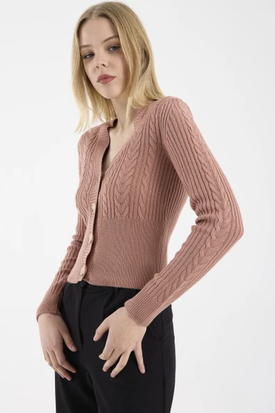 Düğmeli Pirinç Motifli Triko Hırka - Gül - Resim 4