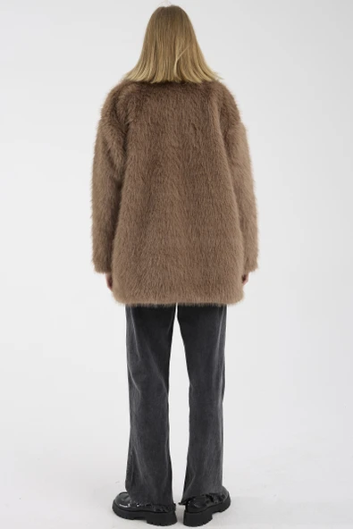 Astarlı Uzun Suni Kürk Kaban - Vizon - Resim 6