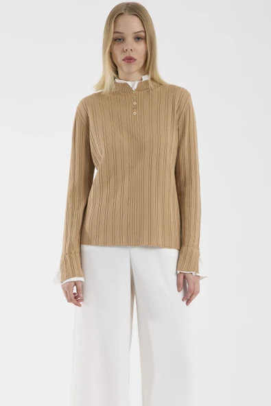 Parça Detaylı Fitilli Triko Kazak - Kamel - Resim 2