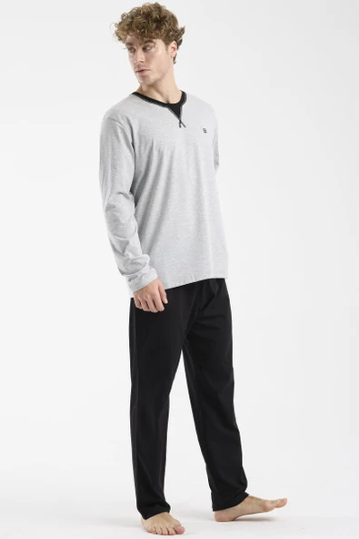 Bisiklet Yaka Uzun Kol Pijama Takım - Gri - Resim 3