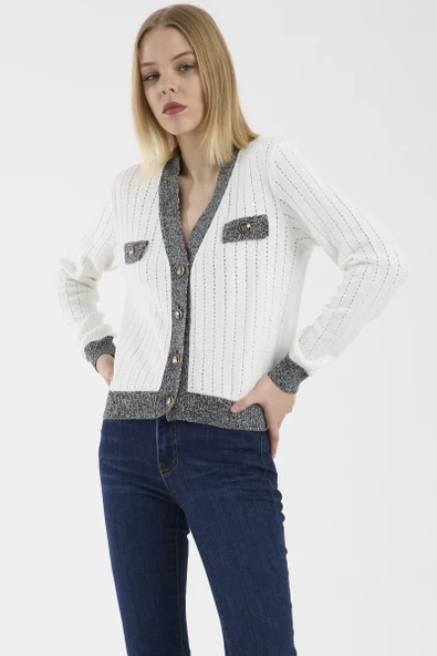 Kontrast Şeritli Triko Hırka - Kemik ürün görseli 1