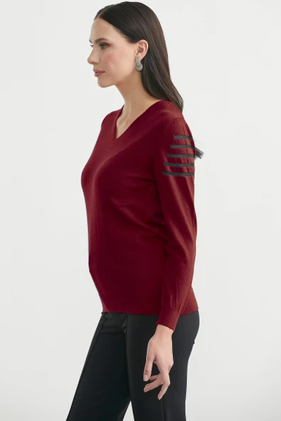 Sırt Detaylı V Yaka Triko Kazak - Bordo - Resim 3