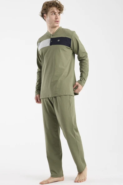 Blok Detaylı Regular Fit Pijama Takım - Haki - Resim 3