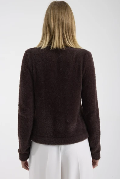 Sakallı Yumoş Düğmeli Triko Hırka - Kahve - Resim 6