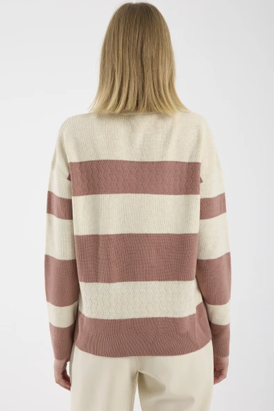 Blok Çizgili Düşük Omuzlu Triko Kazak - Gül - Resim 5