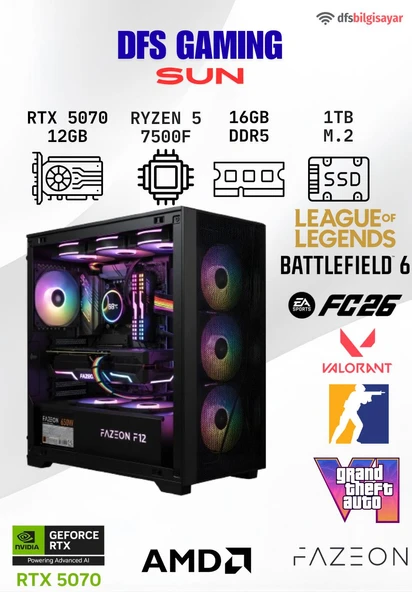 DFS GAMING SUN RYZEN 5 7500F-B650M-RTX 5070-16GB DDR5 RAM-1TB M.2 SSD-MASAÜSTÜ OYUNCU BİLGİSAYARI ürün görseli 1