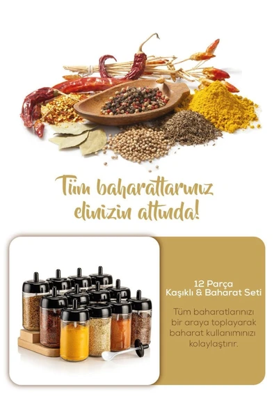 Vienev Kendinden Kaşıklı Etiketli 12'li Uzun Baharat Seti - Cam ürün görseli 1