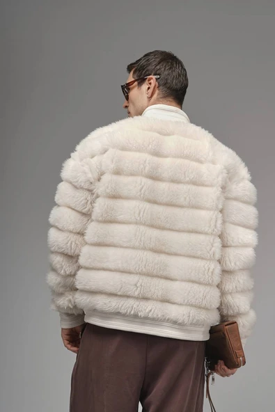 Oversize Fermuar Kapamalı Dik Yaka Astarsız Peluş Ceket - Resim 2