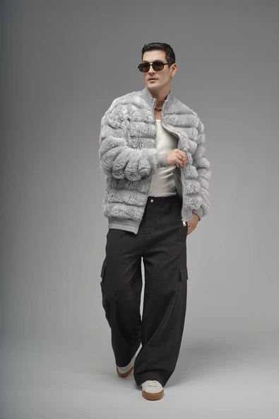 Oversize Fermuar Kapamalı Dik Yaka Astarsız Peluş Ceket - Resim 7