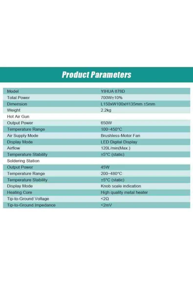 Yihua 878D Isı Ayarlı Sıcak Hava Üfleme Lehimleme Havya İstasyonu - Resim 7