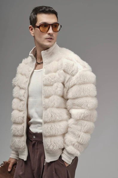 Oversize Fermuar Kapamalı Dik Yaka Astarsız Peluş Ceket - Resim 3