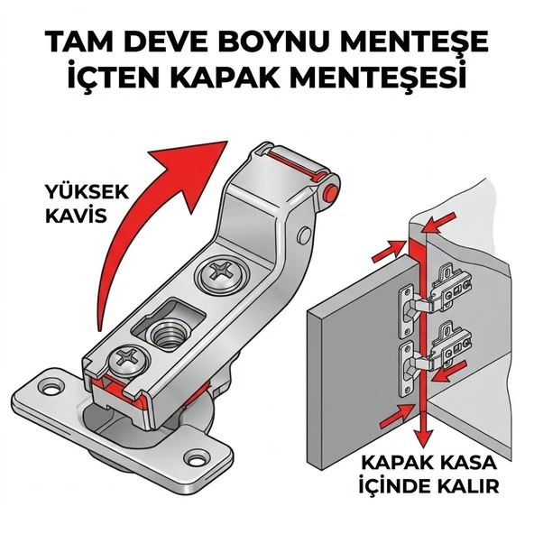 Tam Deve Boynu Pistonsuz Mobilya Dolap Kapak Menteşesi Krom Renk - Resim 4