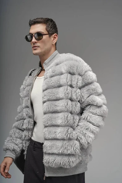 Oversize Fermuar Kapamalı Dik Yaka Astarsız Peluş Ceket - Resim 6