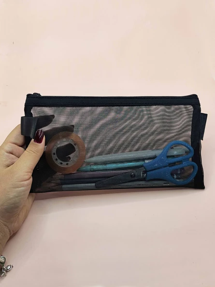 Kalem Kutusu Şeffaf File Yıkanabilir Mesh Kalemlik - Siyah - Resim 2