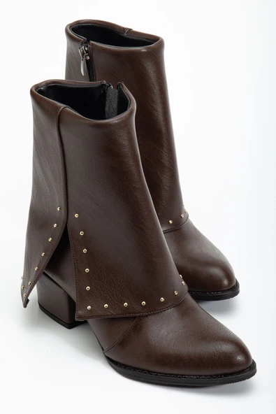 Kadın Sivri Burun Kahverengi Cilt Detaylı Topuklu Bot - Resim 2