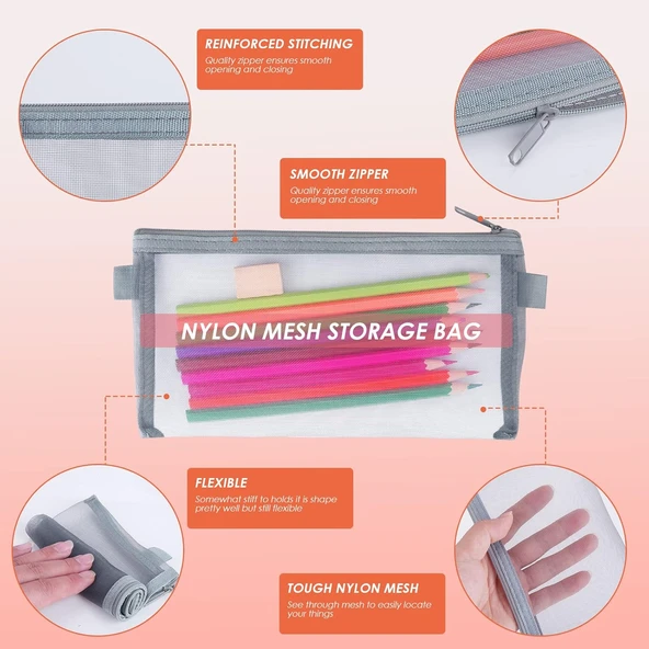 Kalem Kutusu Şeffaf File Yıkanabilir Mesh Kalemlik - Siyah - Resim 5