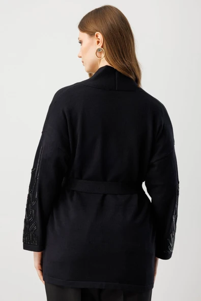 On Kolları Taşlı Kuşaklı Triko Hırka 26KON60902 - Resim 6