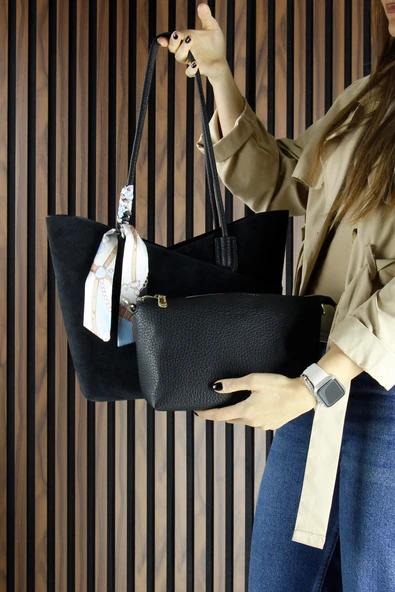 Erkan Saçmacı Siyah Hakiki Dana Süet Manyetik Kapaklı Büyük Boy Günlük Omuz Çantası ve Askılı El Çantası - Resim 6