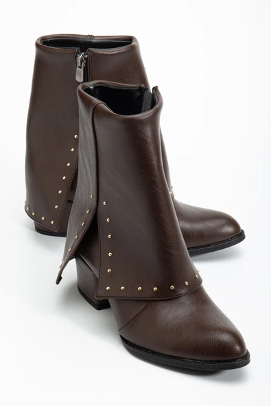 Kadın Sivri Burun Kahverengi Cilt Detaylı Topuklu Bot ürün görseli 1