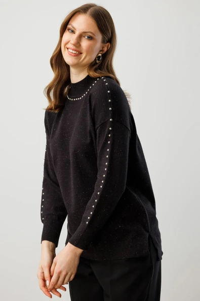 On Kadın Kumaşı Simli Zımba Detaylı Triko Kazak 26KON60307 - Resim 2