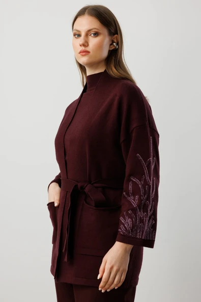 On Kolları Taşlı Kuşaklı Triko Hırka 26KON60902 - Resim 2