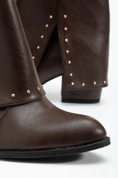 Kadın Sivri Burun Kahverengi Cilt Detaylı Topuklu Bot - Resim 3