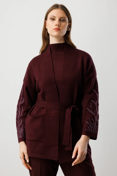 On Kolları Taşlı Kuşaklı Triko Hırka 26KON60902 ürün görseli 1